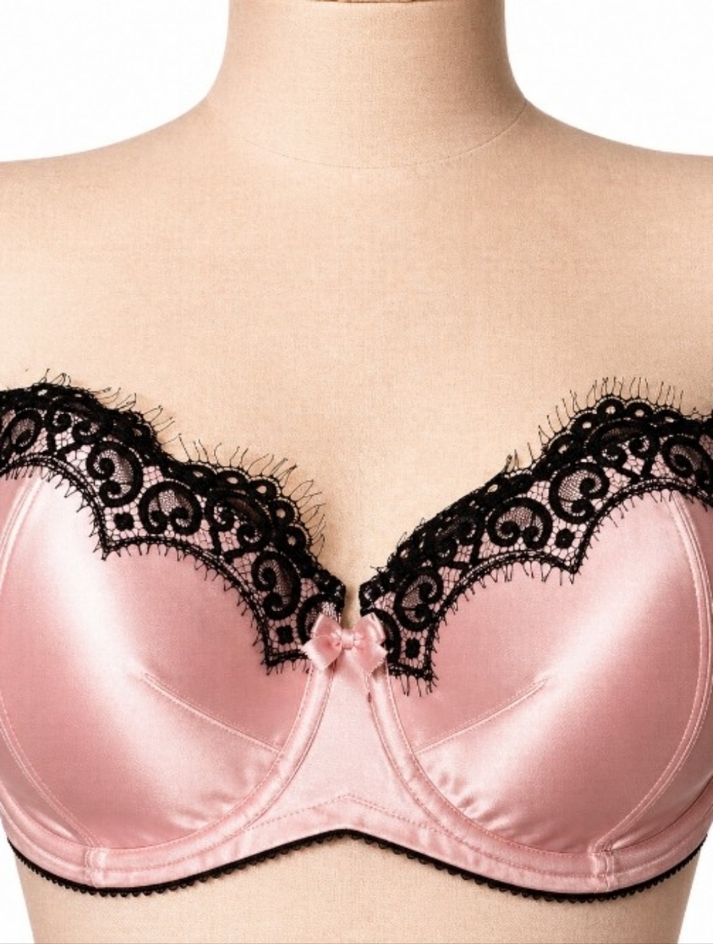 Pink Satin Lace Balconette Bra 40D Black Trim Coquette Lingerie Sexy